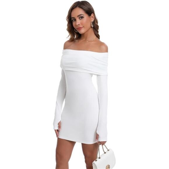 Womens Off The Shoulder Long Sleeves Mini Dress White - Picture 3 of 6